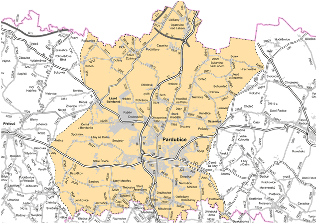 Mapa působnosti cestmistrovství Pardubice