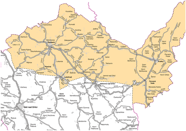 Mapa působnosti cestmistrovství Žamberk