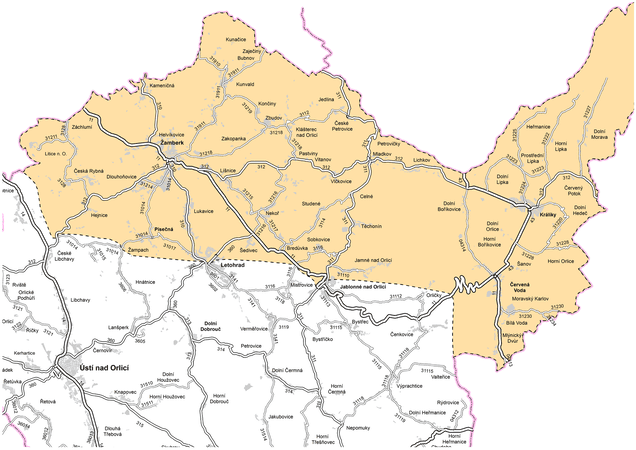 Mapa působnosti cestmistrovství Žamberk